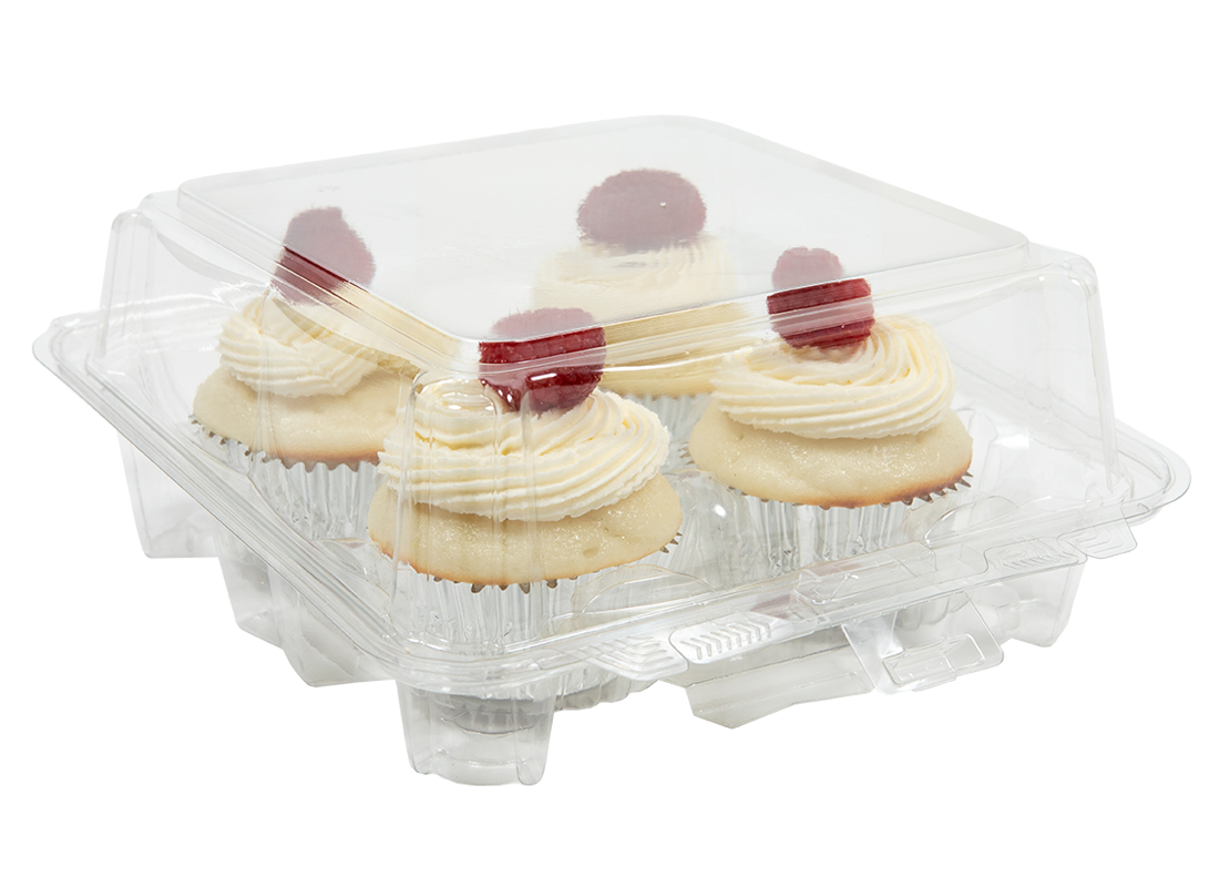 Cupcake container with four raspberry cupcakes