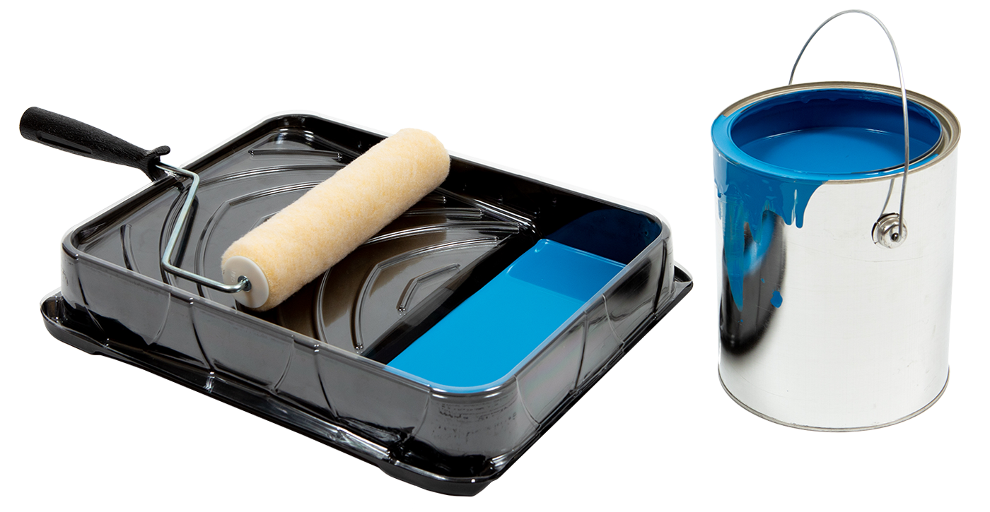 Paintwell paint tray and paint can with blue paint